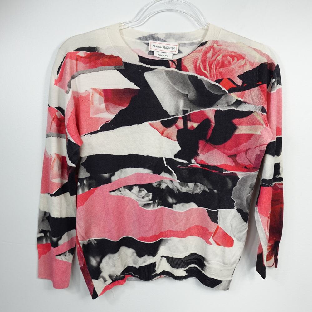 Alexander McQueen Torn Rose Print Wool Silk 3/4 Sleeve Crewneck Sweater Medium